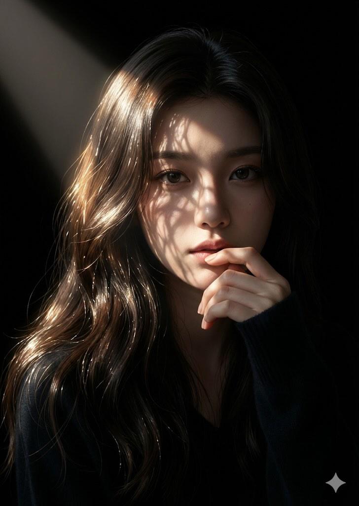 一张特写摄影肖像：一位年轻的东亚女性，留着长长的波浪状深棕色头发，被柔和的轮廓光照亮。阳光透过树叶洒下，在她脸部和额头上投射出精致细腻的树叶阴…, 图片 1