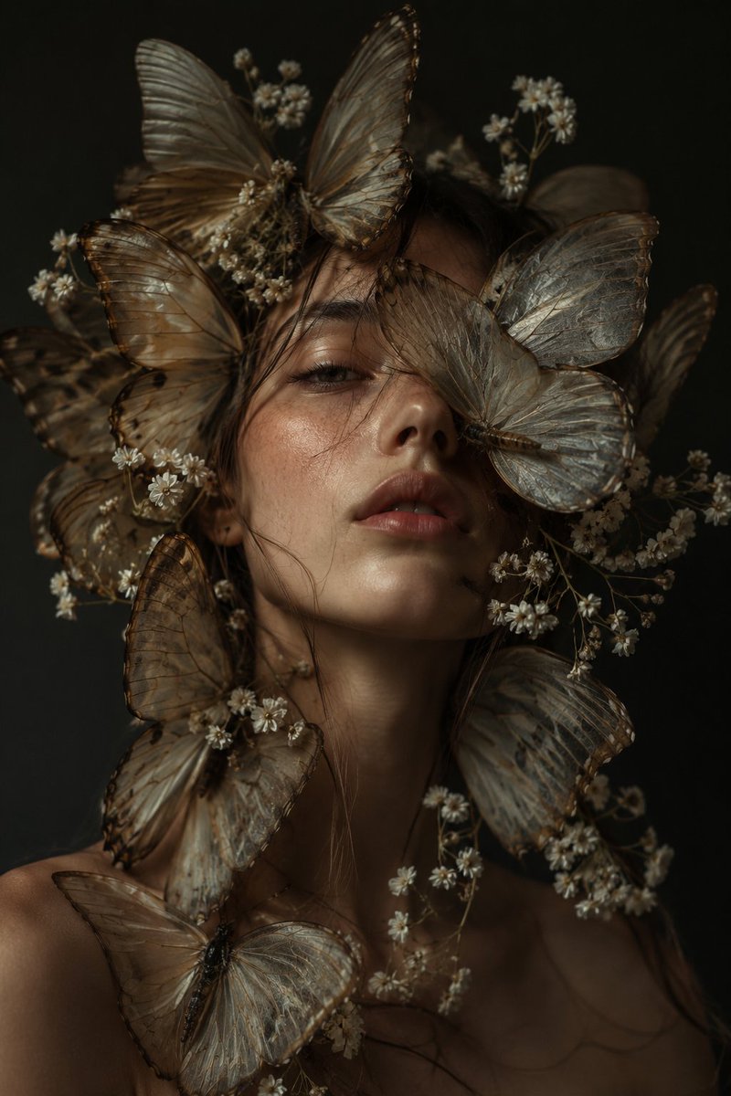 一幅超现实先锋美妆肖像，画中是一位美得不可思议的女性，拥有柔软自然的肌肤和被风吹拂的松散发丝，巨大的写实蝴蝶带着半透明的翅膀，直接从她头部和肩…, 图片 1