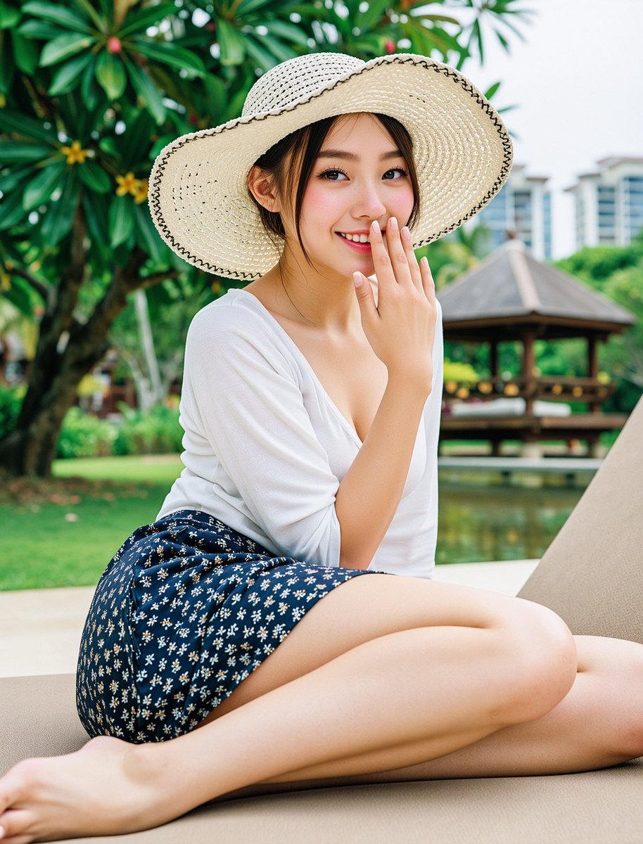 一張高畫質、帶有熱帶渡假村奢華休閒風與清涼夏日生活感質感的戶外躺椅人像照片。拍攝一位約20歲的東亞年輕女性，她擁有精緻秀氣的五官比例：白皙透亮…, 图片 2