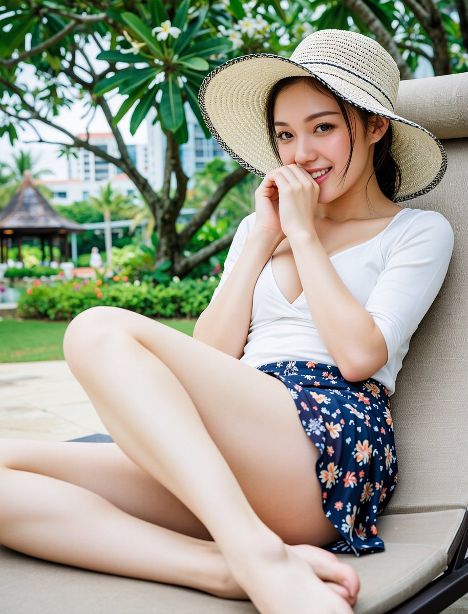 一張高畫質、帶有熱帶渡假村奢華休閒風與清涼夏日生活感質感的戶外躺椅人像照片。拍攝一位約20歲的東亞年輕女性，她擁有精緻秀氣的五官比例：白皙透亮…, 图片 3