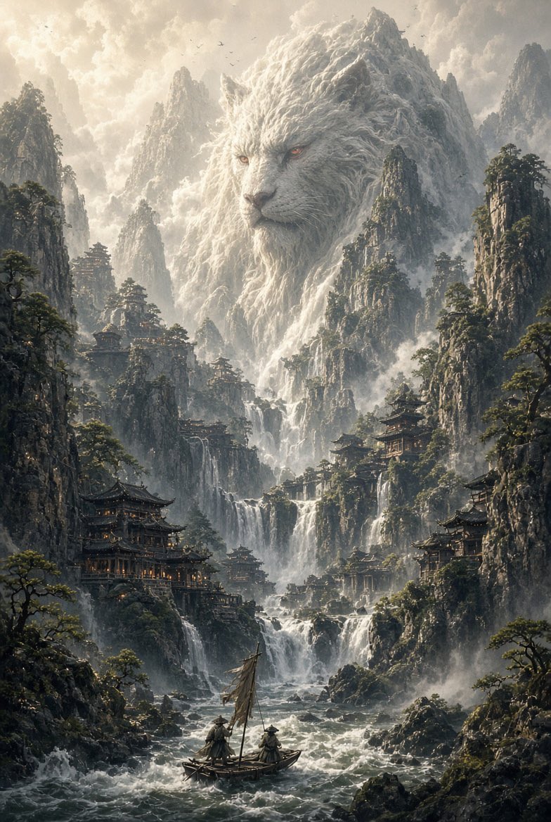 史诗级竖版中国神话山水画卷 —— 一座隐藏在宏伟喀斯特峭壁之中的广袤山间圣境,古老的中国奇幻建筑与古典山水画相交融,超精细电影级概念艺术。, 图片 2