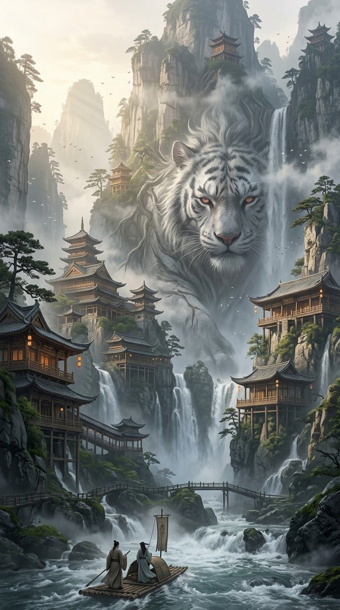 史诗级竖版中国神话山水画卷 —— 一座隐藏在宏伟喀斯特峭壁之中的广袤山间圣境,古老的中国奇幻建筑与古典山水画相交融,超精细电影级概念艺术。, 图片 3