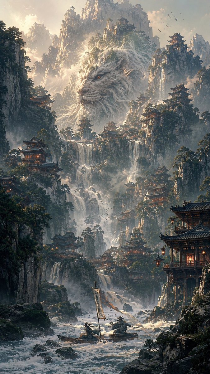 史诗级竖版中国神话山水画卷 —— 一座隐藏在宏伟喀斯特峭壁之中的广袤山间圣境,古老的中国奇幻建筑与古典山水画相交融,超精细电影级概念艺术。, 图片 4
