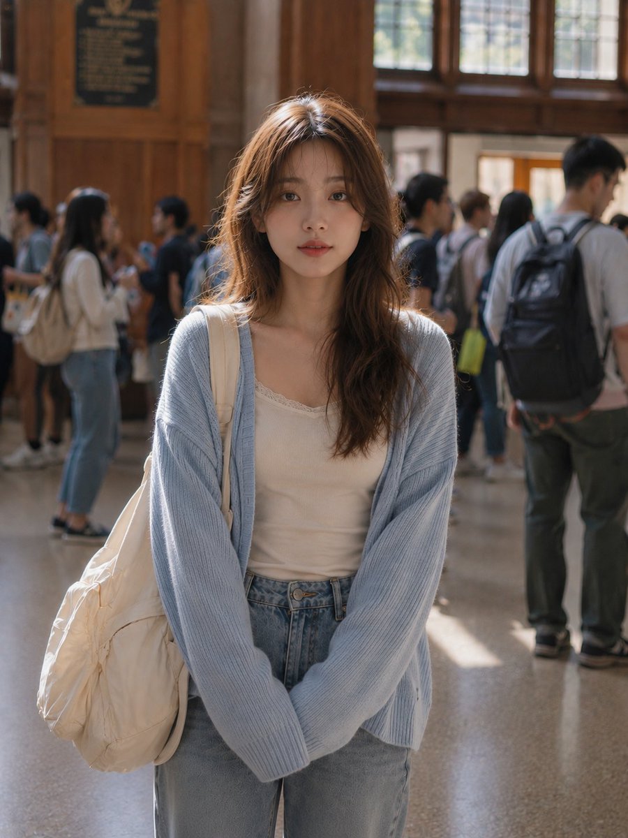 一张照片写实风格的竖版抓拍人像照,画面中一位年轻女子站在繁忙的大学或学术建筑内。她有一头长长且柔和波浪卷的浅棕色头发,中分,自然地有几缕发丝修…, 图片 2