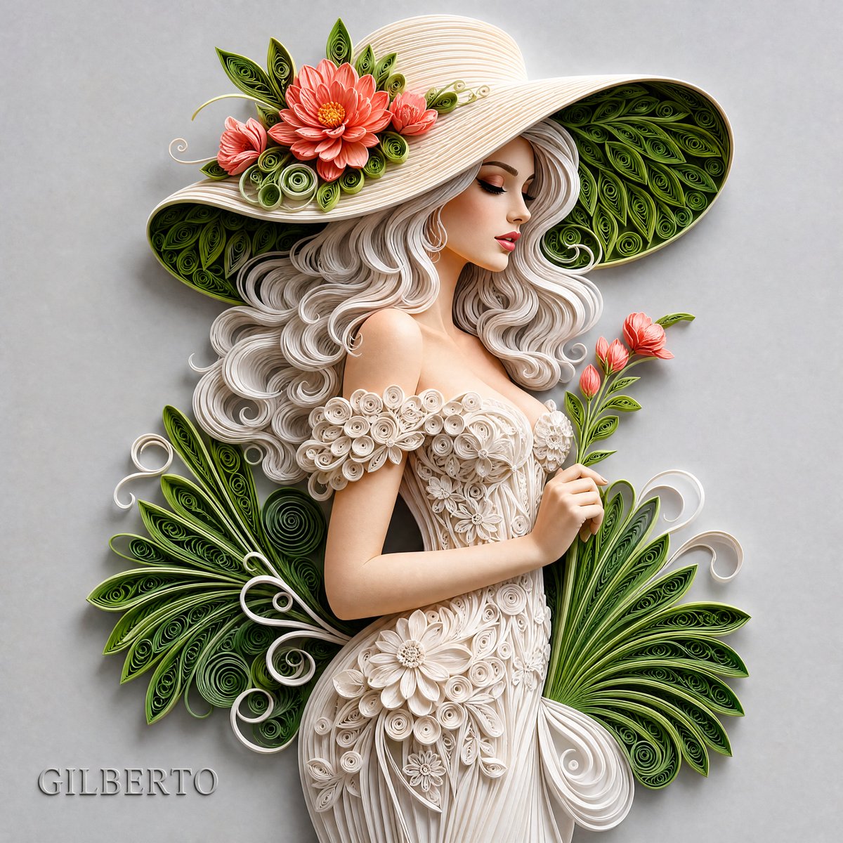 一幅精致的3D纸艺卷纸浮雕作品，描绘一位优雅的女性，身着由繁复白色纸花制成的时髦一字肩紧身胸衣连衣裙。她头戴一顶宽檐卷曲象牙色纸帽，帽上点缀着…, 图片 1