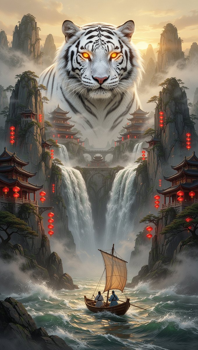 史诗级竖版中国神话山水:一只巨大的白虎精魂琥珀色双瞳闪烁,从云雾飞瀑中现身,盘踞于隐秘山巅圣殿之上,峥嵘喀斯特悬崖间嵌入古朴宝塔建筑,沿崖寺宇…, 图片 1