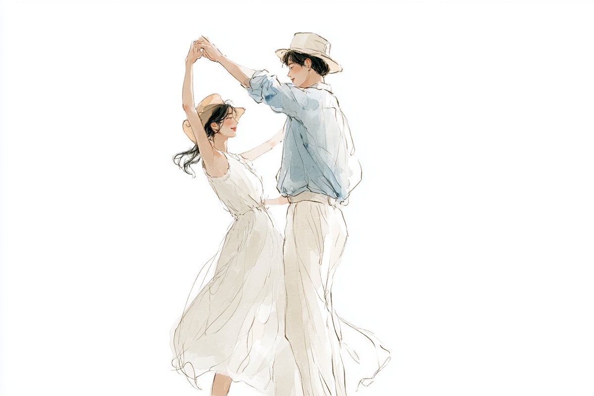 水彩线条艺术插画，描绘[subjects]正在共享一个[romantic action]，韩国插画美学风格，轻薄的夏季服饰，松散细腻的线条，朦…, 图片 1