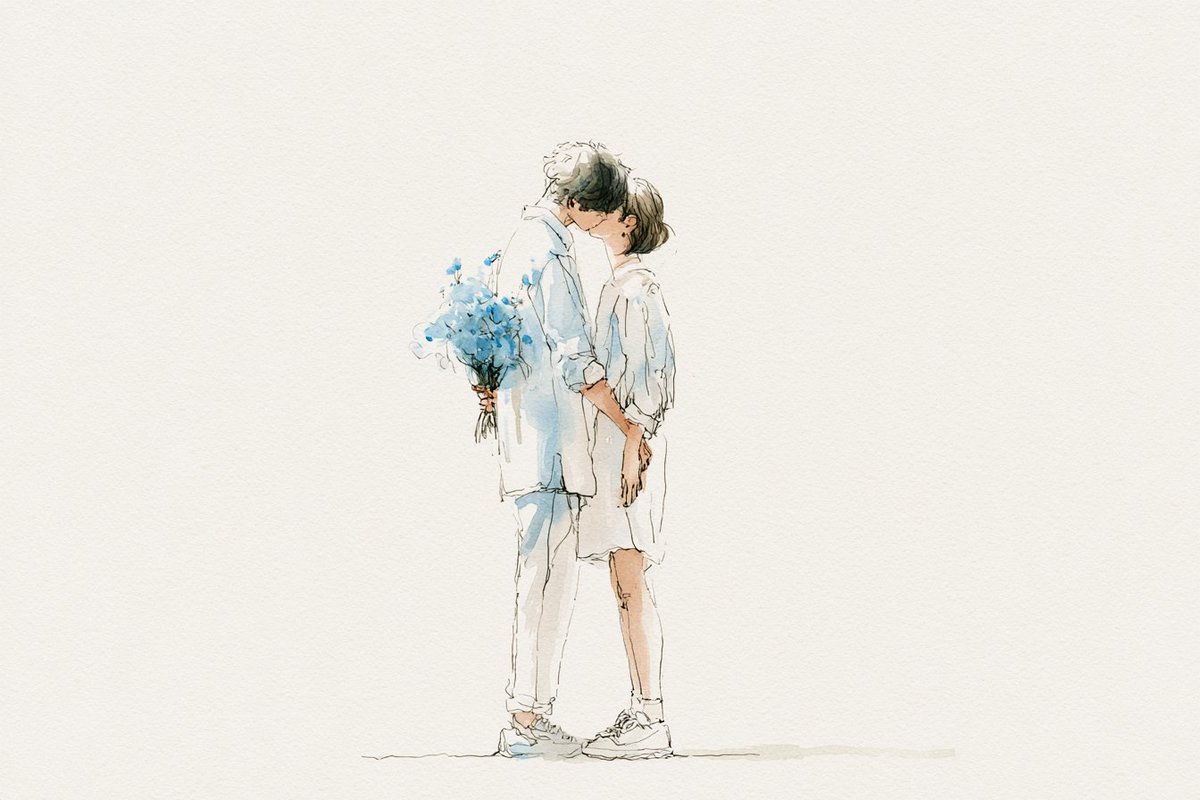 水彩线条艺术插画，描绘[subjects]正在共享一个[romantic action]，韩国插画美学风格，轻薄的夏季服饰，松散细腻的线条，朦…, 图片 2