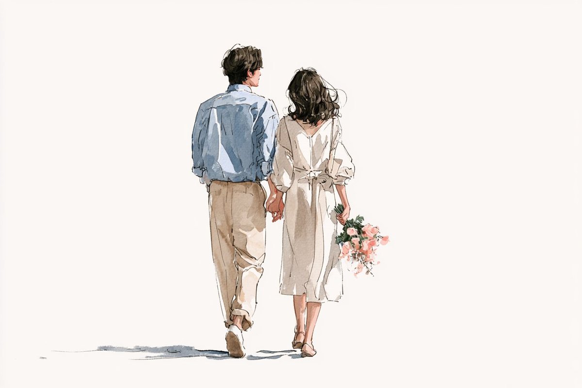 水彩线条艺术插画，描绘[subjects]正在共享一个[romantic action]，韩国插画美学风格，轻薄的夏季服饰，松散细腻的线条，朦…, 图片 3