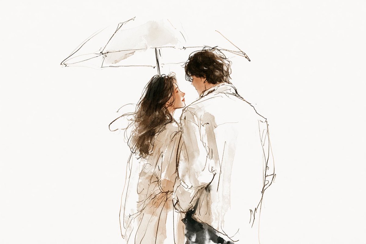 水彩线条艺术插画，描绘[subjects]正在共享一个[romantic action]，韩国插画美学风格，轻薄的夏季服饰，松散细腻的线条，朦…, 图片 4