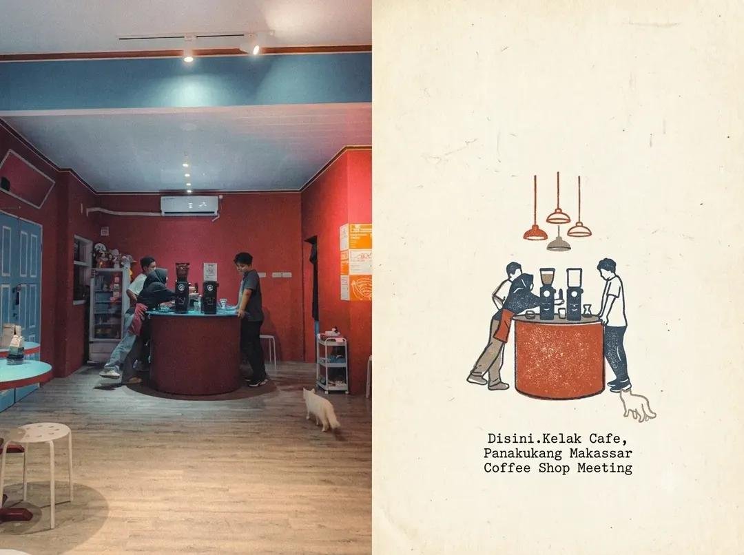 根据参考图片,创作一组统一的编辑式旅行日志双联画:左侧是一张纪实风格的抓拍照片,展现夜间望加锡(Makassar)一家小型独立咖啡店,画面中有…, 图片 2