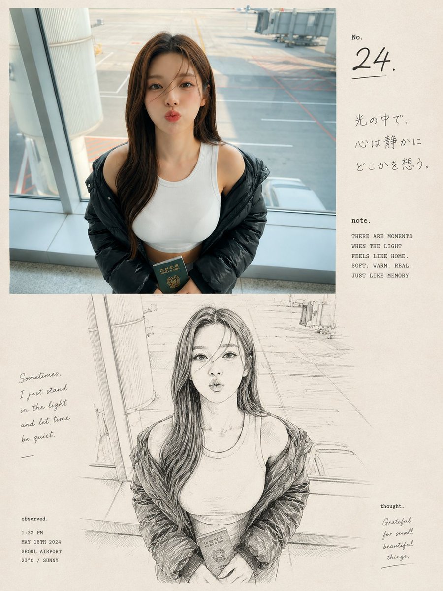 一本高端怀旧风格的编辑级摄影与素描艺术画册内页,主体为一位身处机场航站楼的东亚年轻女性,采用整洁的竖版 3:4 构图。上半部分为超写实的抓拍摄…, 图片 1
