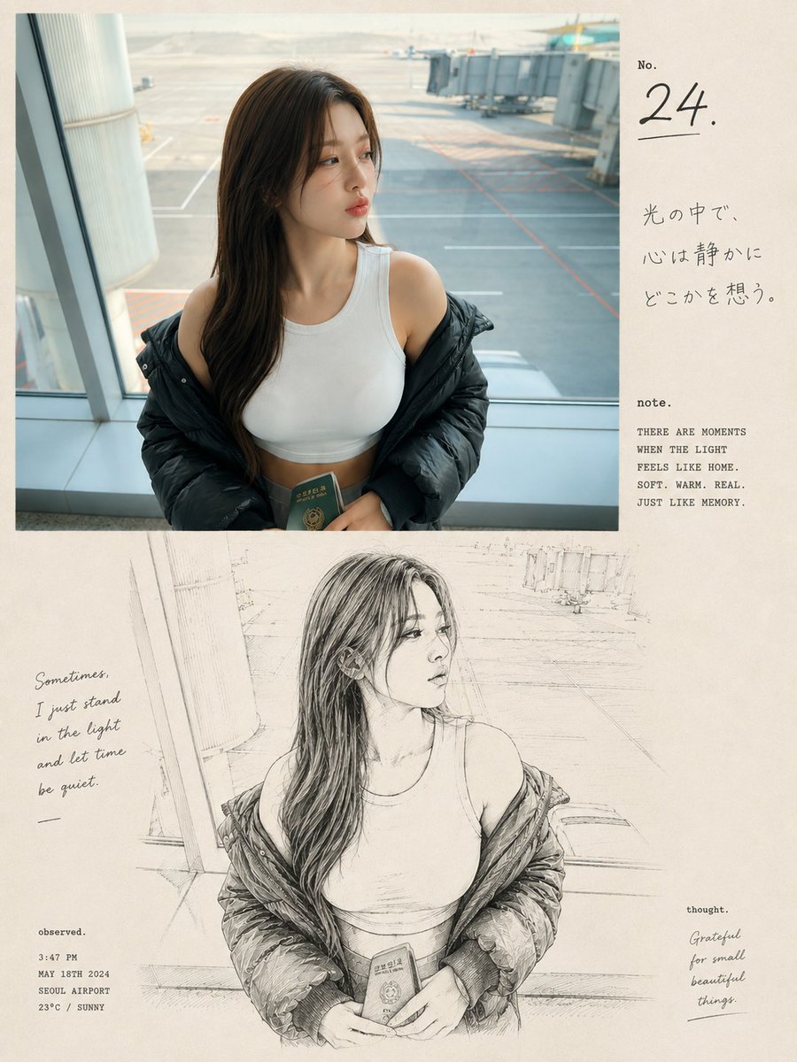 一本高端怀旧风格的编辑级摄影与素描艺术画册内页,主体为一位身处机场航站楼的东亚年轻女性,采用整洁的竖版 3:4 构图。上半部分为超写实的抓拍摄…, 图片 2