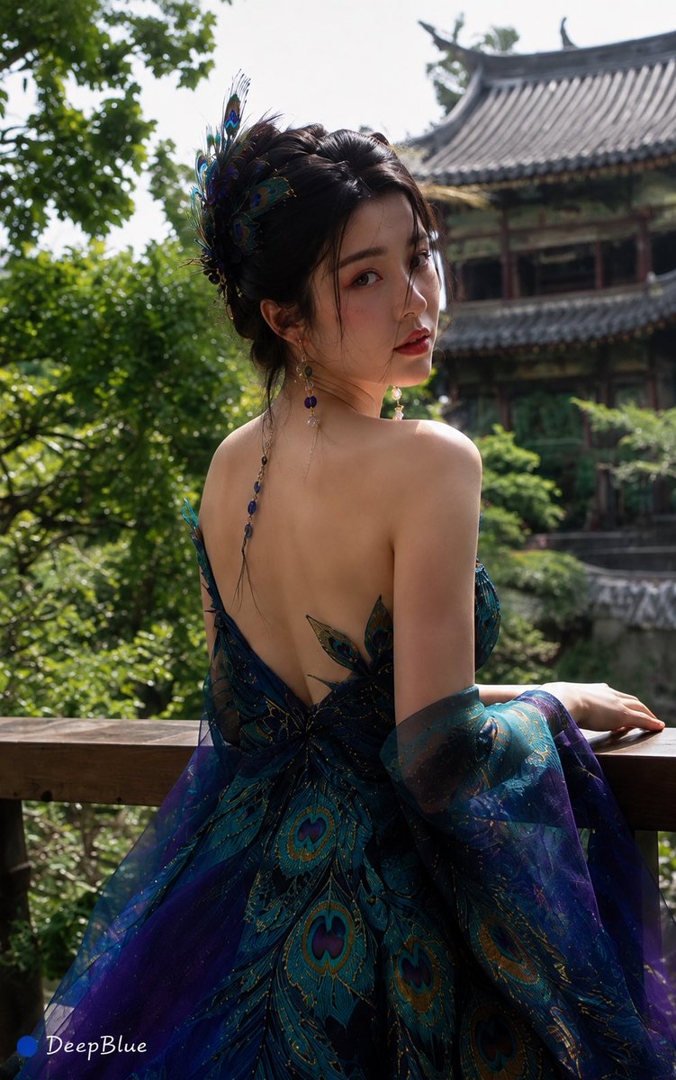 成年女性，身穿以孔雀为灵感的现代高级时装；孔雀绿、深蓝、蓝紫渐变，少量金色点缀，服装融入羽冠结构、尾羽曲线与孔雀眼状纹理，不出现完整孔雀图案，…, 图片 2