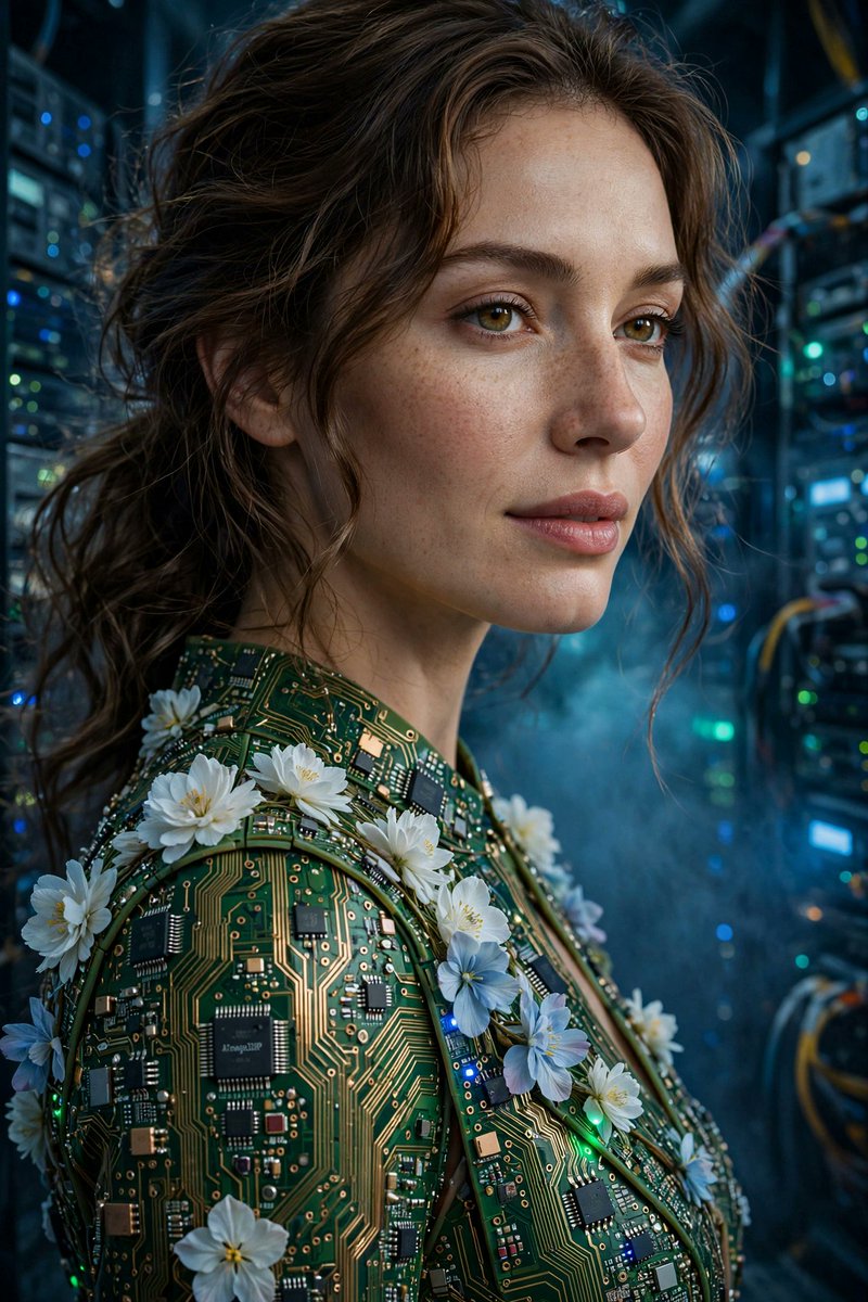 超写实特写时尚图片:一位美丽的女性身着一袭由绿色电路板面板制成的连衣裙,面板上布满精致的金色走线、微小的焊点和微芯片,沿着接缝处绽放着真实的白…, 图片 2