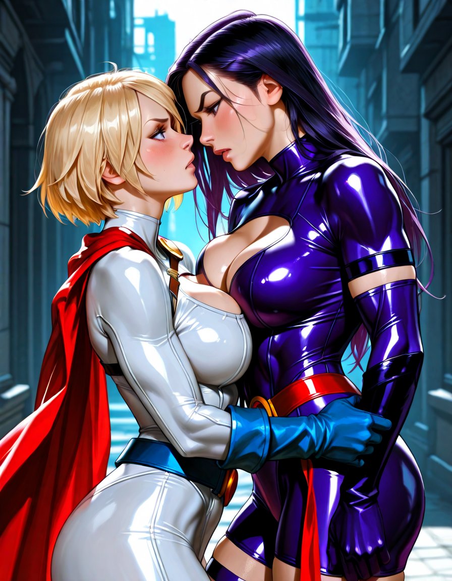 Cinematic digital art of a fierce standoff between two heroines. On one side, P…