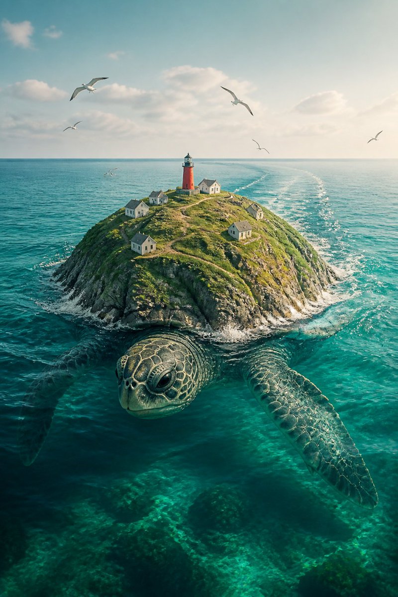 超写实风格的巨海龟在平静的青绿色海洋中游泳的画面,它的龟壳是一座覆盖着青草的绿色山丘,山丘上有小小的白色房屋,顶部有一座小型红色灯塔,海鸥在头…, 图片 1