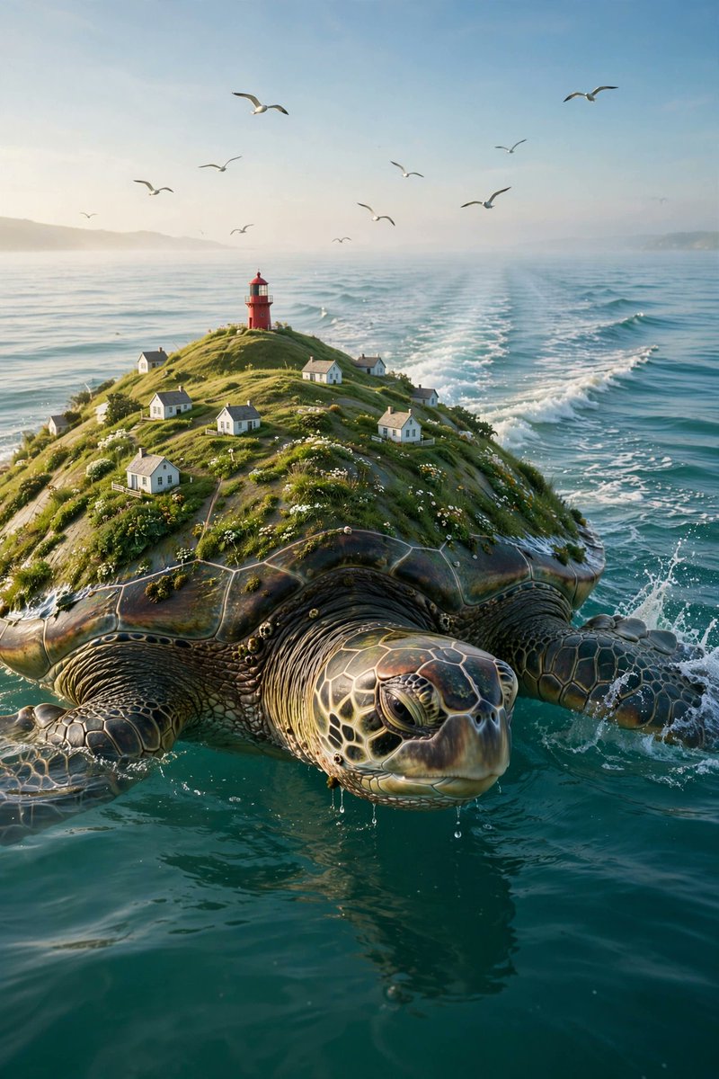 超写实风格的巨海龟在平静的青绿色海洋中游泳的画面,它的龟壳是一座覆盖着青草的绿色山丘,山丘上有小小的白色房屋,顶部有一座小型红色灯塔,海鸥在头…, 图片 2
