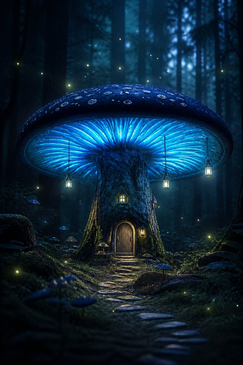 超写实风格的图像：夜晚的黑暗森林中，有一栋房子大小的巨型蘑菇，菌帽呈深蓝色，菌褶散发着生物发光的微光，菌柄上挂着小灯笼，萤火虫在周围盘旋飞舞，…, 图片 1