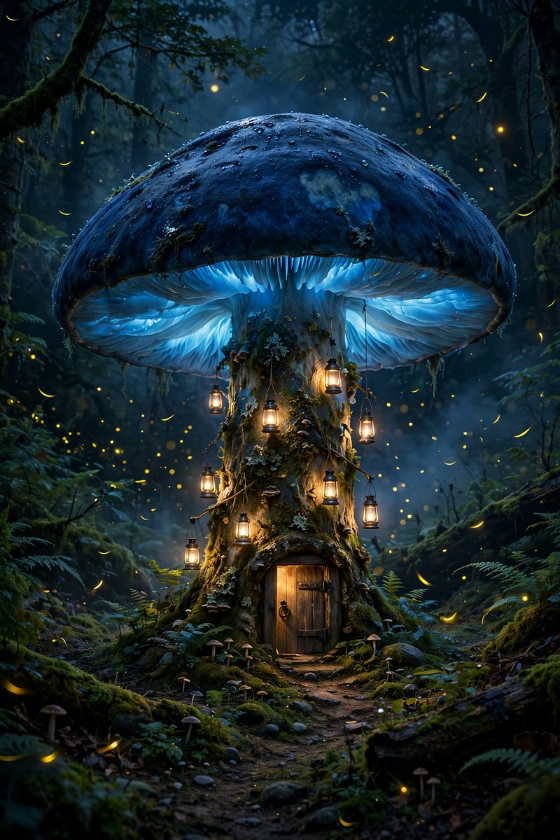 超写实风格的图像：夜晚的黑暗森林中，有一栋房子大小的巨型蘑菇，菌帽呈深蓝色，菌褶散发着生物发光的微光，菌柄上挂着小灯笼，萤火虫在周围盘旋飞舞，…, 图片 2