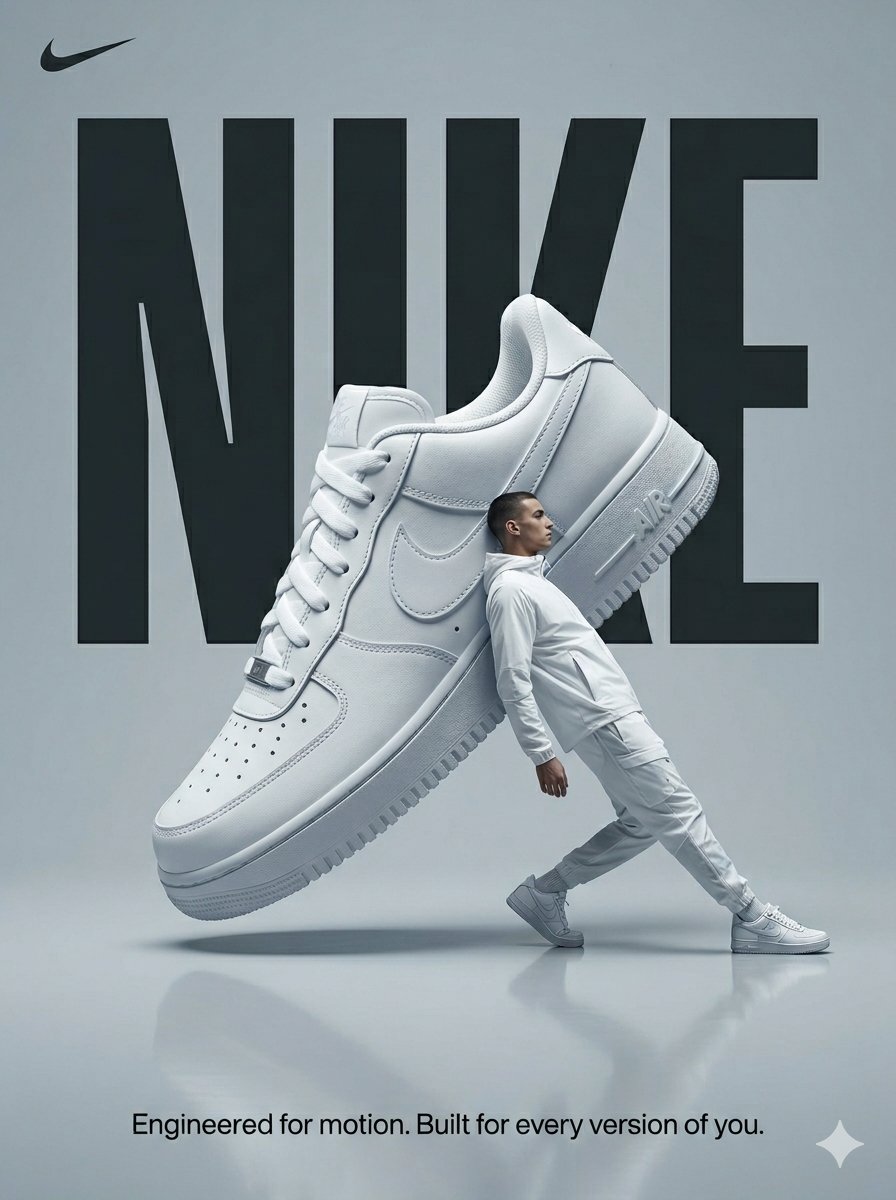 一张为耐克（Nike）设计的高级时装超现实主义广告海报。极简的单色冷灰色摄影棚，带半反射地板。一只巨大的白色耐克运动鞋斜向放置，略微悬浮于地面…, 图片 1