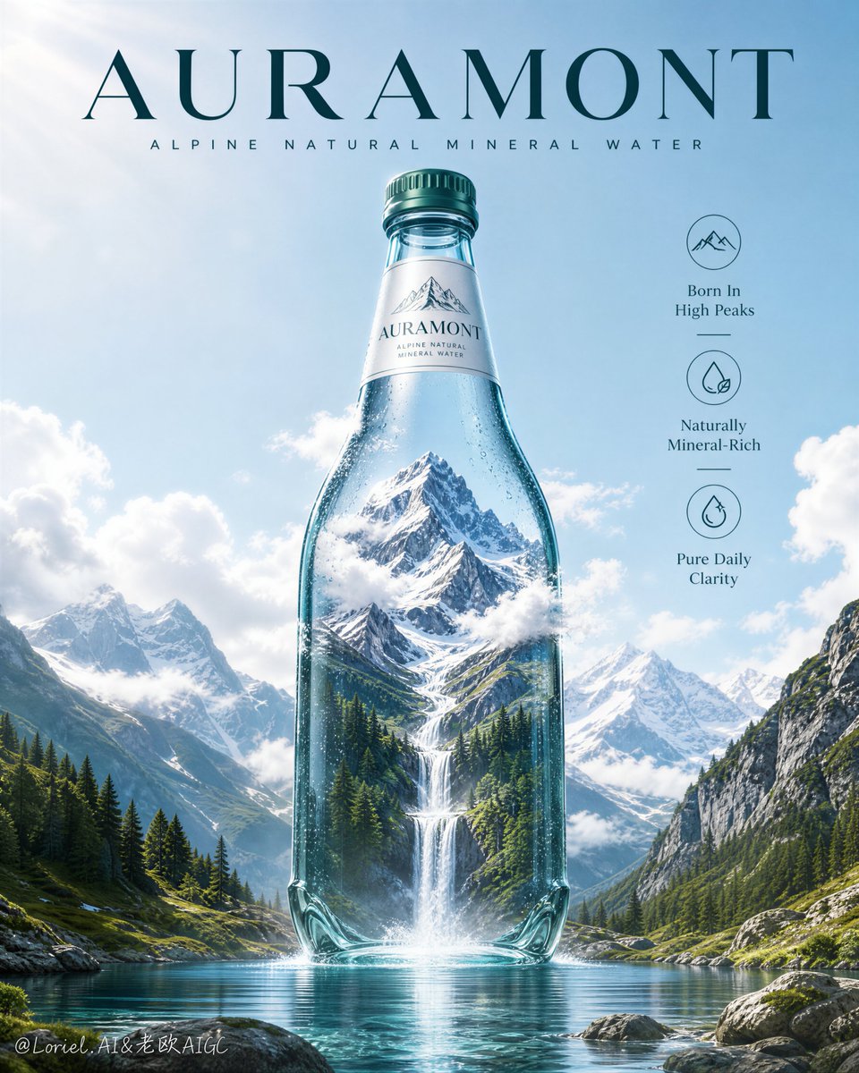 为一款名为"AURAMONT"的原创天然矿泉水品牌创作一张旗舰级广告海报。采用极致真实的高端饮品广告风格，融合超现实的高山景观叙事。严格保留以…, 图片 1