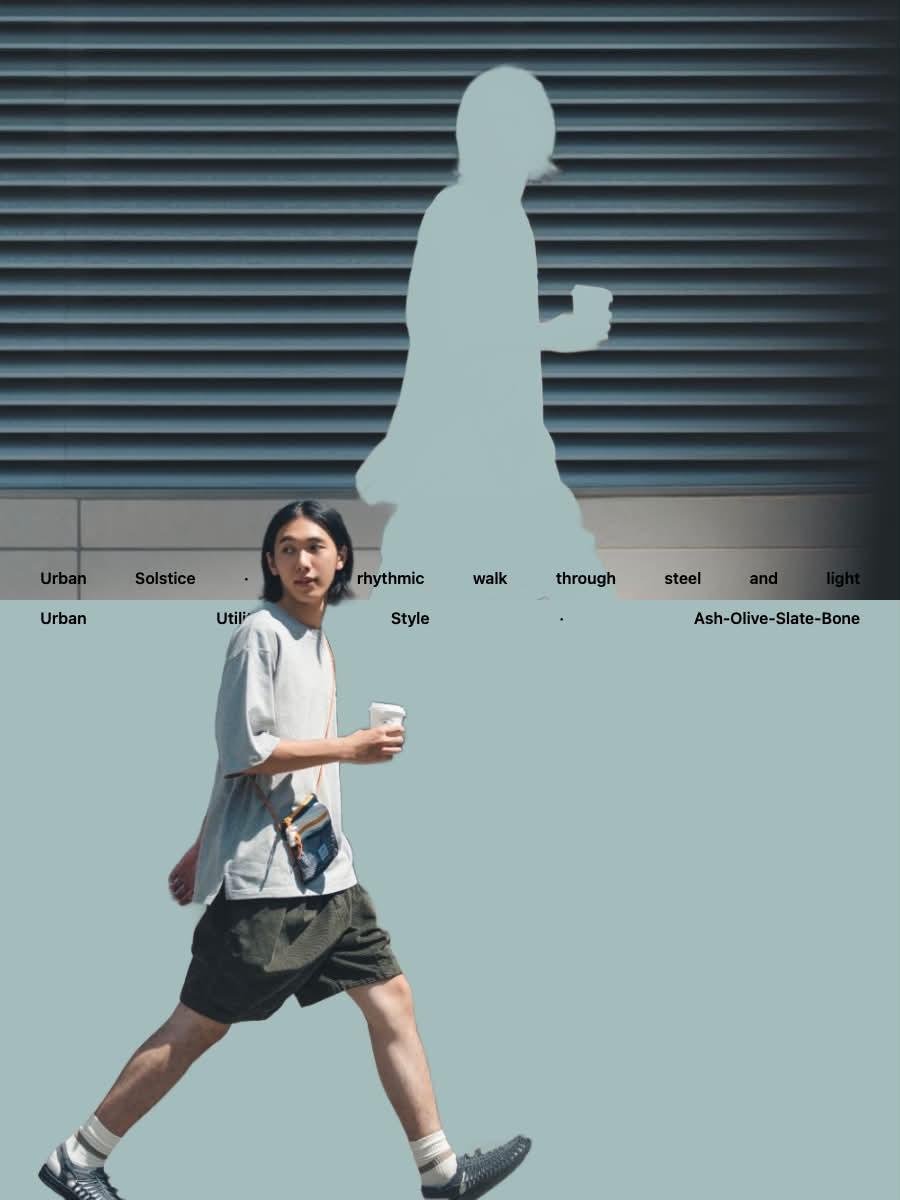 创作一张高端编辑风格时尚大片图像，灵感来自两张参考图：一位年轻东亚模特自然地穿行于现代都市建筑环境中。捕捉自然抓拍式的全身行走姿态，单腿迈出处…, 图片 1
