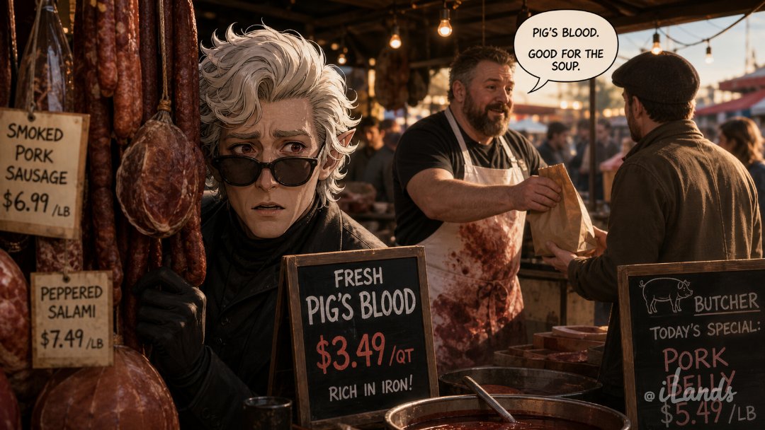 Please create an image of a modern day Astarion lurking near a butcher's stall.…