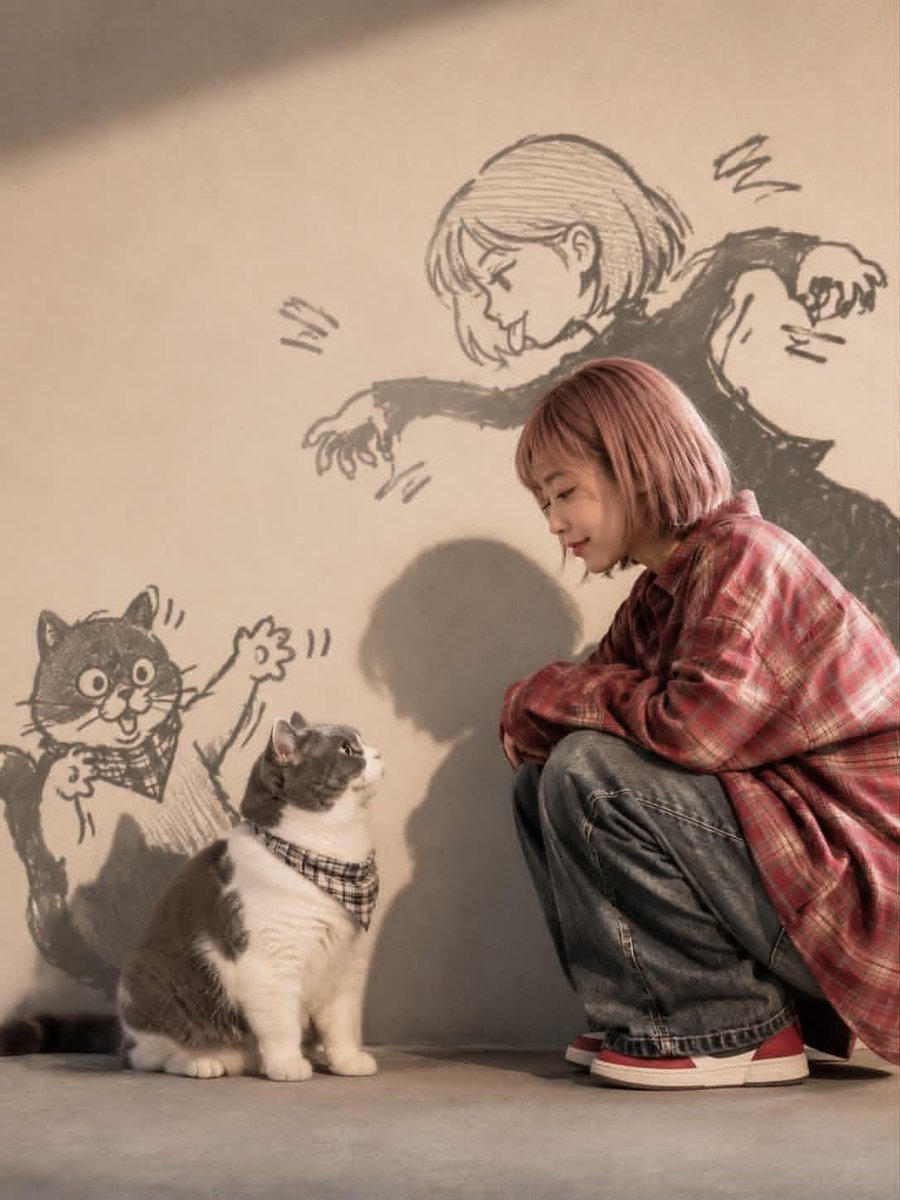 创作一幅温馨的电影感、动漫灵感生活方式肖像：一位可爱的年轻女性，留着短款粉彩色粉色波波头，身穿复古红色格纹法兰绒宽松衬衫、宽松蓝色牛仔裤和经典…, 图片 1
