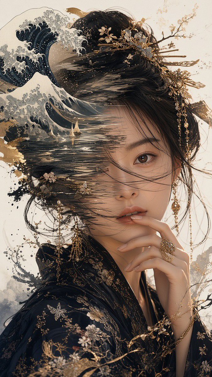 9:16 竖构图,超写实电影感新东方美妆人像,超现实碎片拼贴摄影,日式水墨浪花美学,奢华亚洲时尚大片,黑色、古铜金与象牙白配色。, 图片 4