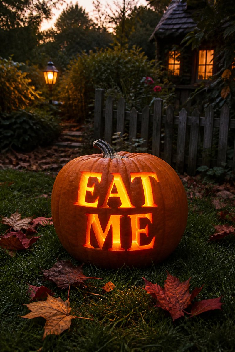 A photorealistic autumn garden. A large orange pumpkin on the grass, and carved…