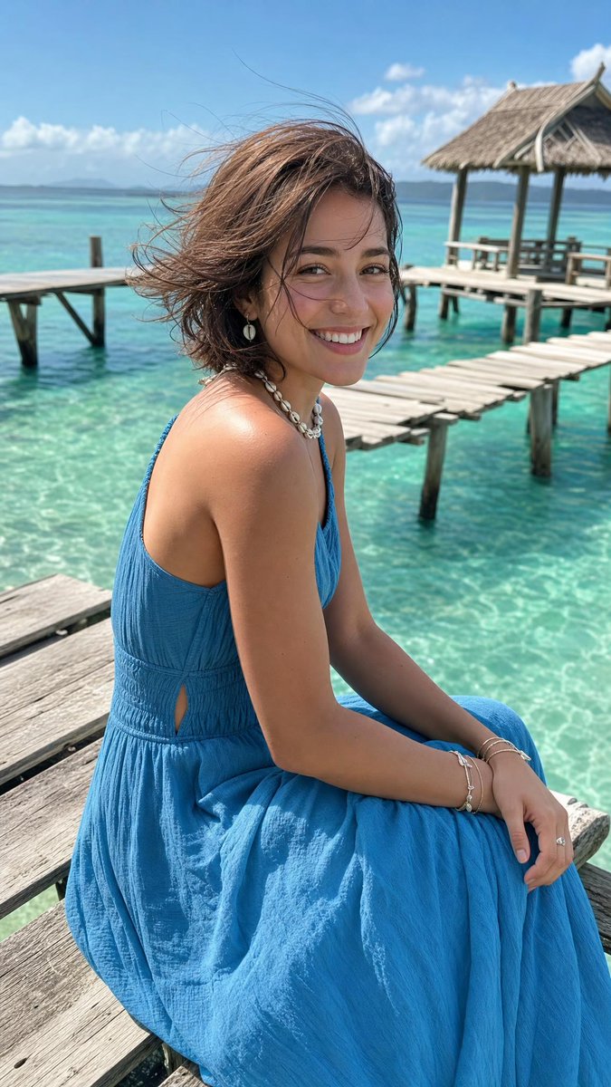 超写实电影感夏日人像：一位年轻女子坐在清澈热带海水上方的质朴木制码头上，纵向 4:5 构图。她身穿飘逸的青蓝色棉质长吊带连衣裙，腰部修身，面料…, 图片 2