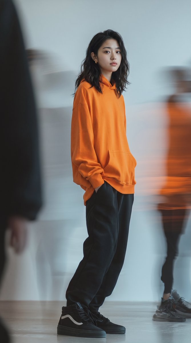 Editorial fashion photography of a young East Asian woman standing in a modern,…