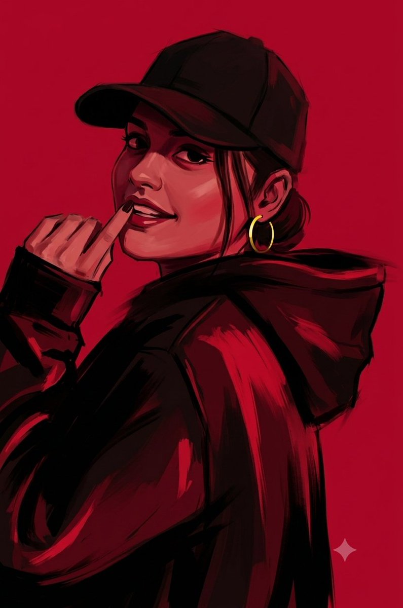 戴着棒球帽的美丽嘻哈女性,模糊效果,绘画般的笔触,极简插画。背景是纯粹的宝石红色。动态的角色角度配以运动模糊。角色以黑红色调为主,穿着黑色服装…, 图片 1