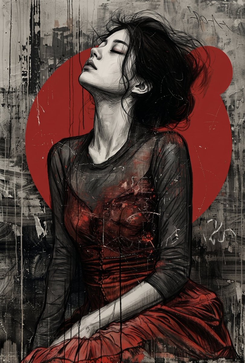 一幅戏剧性的混合媒介艺术作品,描绘一位女性向后倾斜,下巴朝向天空扬起,双眼紧闭,呈现出富有表现力的、宣泄般的姿态。她有着深色的、被风吹拂的头发…, 图片 1