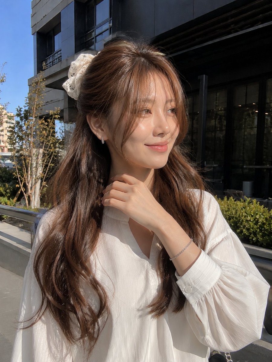 一张年轻女性的户外写实主义肖像照,她站在现代建筑外的明亮自然阳光下。她有一头浓密蓬松的浅棕色长发,呈现出柔和流畅的波浪卷,发帘式刘海轻盈地修饰…, 图片 2
