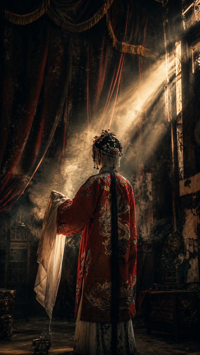 这个提示词的核心是中国神秘主义 + 欧洲艺术电影 + 古典大师油画 + 35毫米胶片。正是这种组合赋予了我所追求的视觉语言:初看像摄影;再看像…, 图片 1