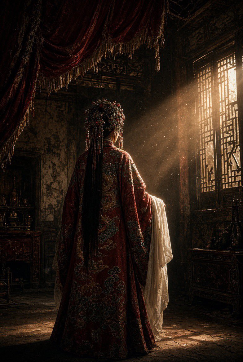 这个提示词的核心是中国神秘主义 + 欧洲艺术电影 + 古典大师油画 + 35毫米胶片。正是这种组合赋予了我所追求的视觉语言:初看像摄影;再看像…, 图片 3