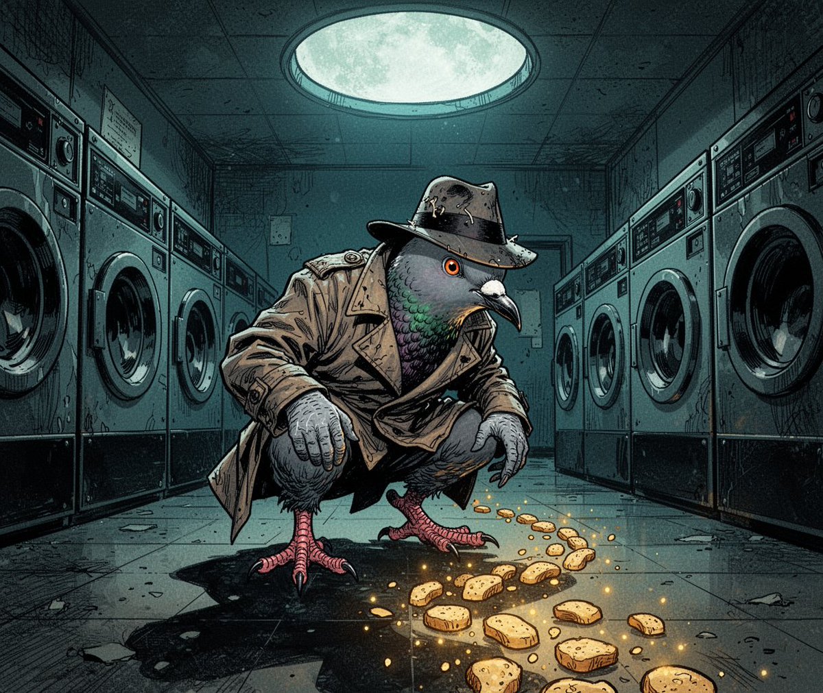 Anthropomorphic pigeon detective character, bird head with a sharp beak, grey f…