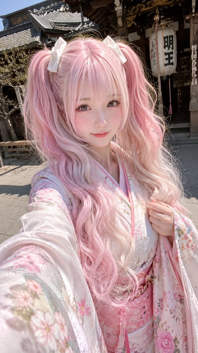 🤳🇯🇵👘🦵😜🫰发型采用高位双马尾公主切风格:粉白渐变的超长卷发,在头顶两侧扎成对称高双马尾;顶部保留齐眉厚实刘海,两侧以细碎发丝…, 图片 1