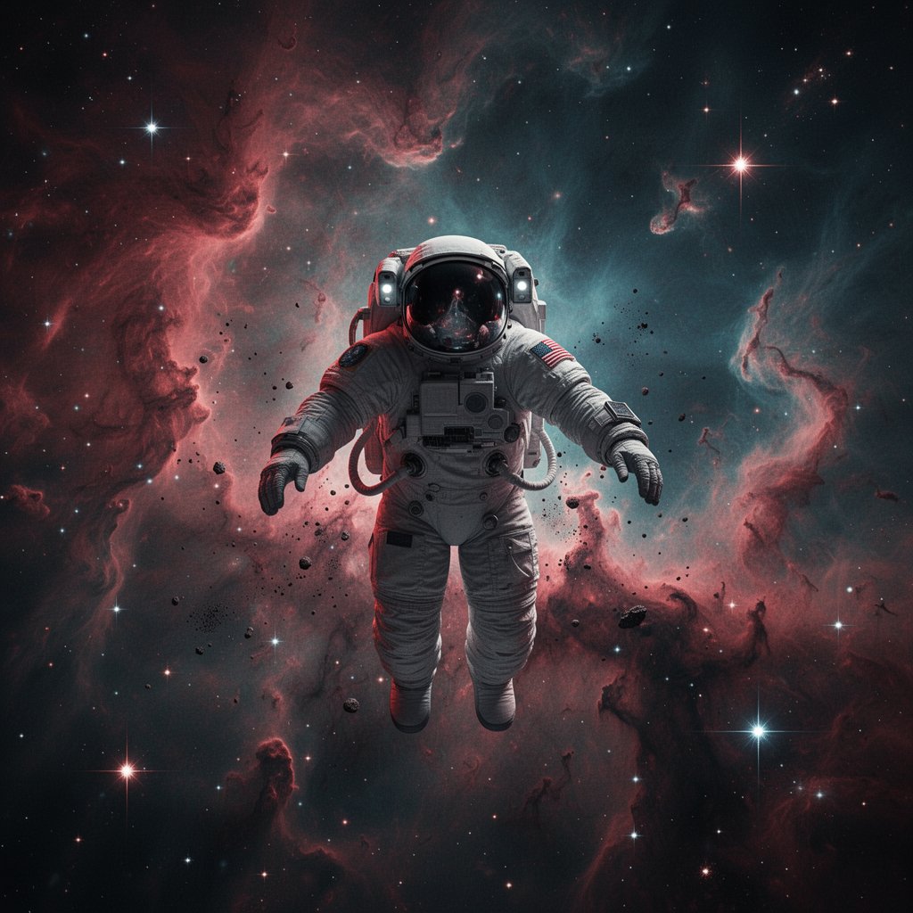A lone astronaut floating weightless in deep space, surrounded by dense swirlin…