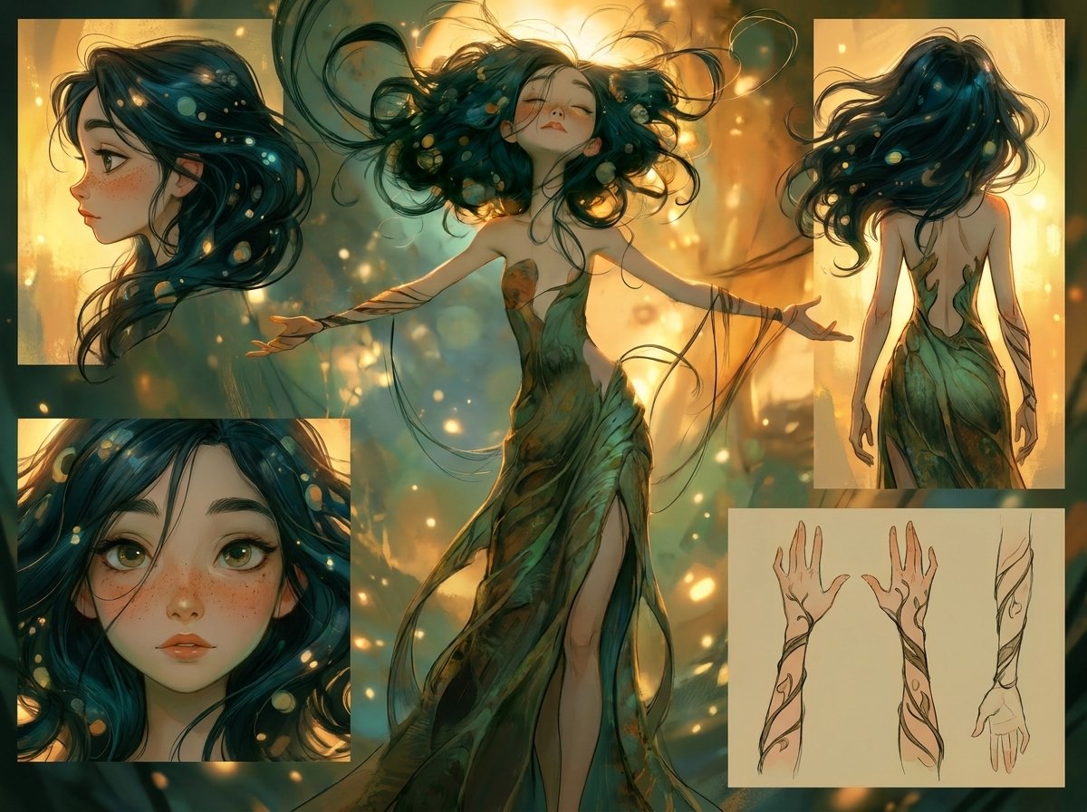 现实主义奇幻电影,高体积光,深景深,Image_1 Image_2 在森林中央的魔法阵上与 Image_3 相会,多个动态镜头角度,15 个镜…, 图片 3