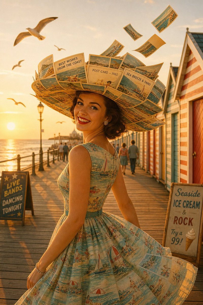 黄金时分的海滨木板栈道。一位美丽的女子身穿1960年代风格的连衣裙,戴着一顶由老旧明信片制成的宽檐帽——明信片上印着的小字清晰可见:"BEST…, 图片 1