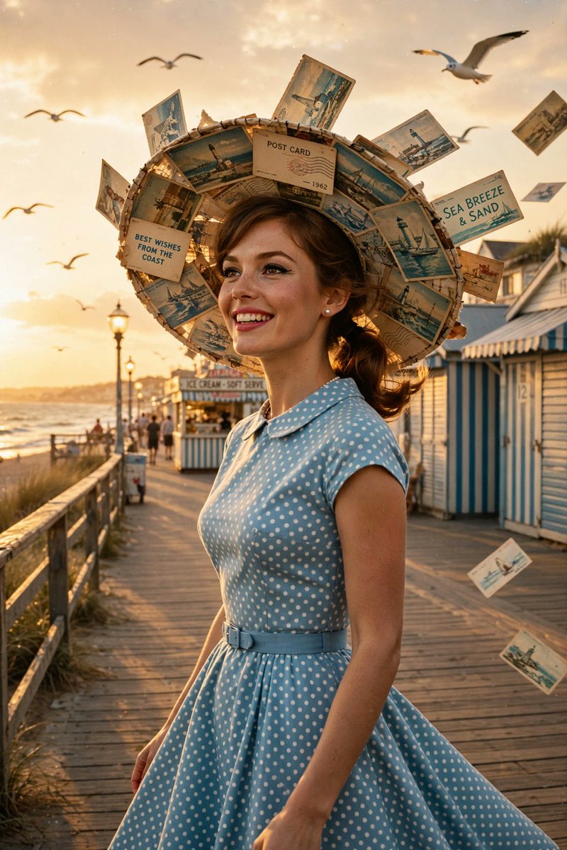 黄金时分的海滨木板栈道。一位美丽的女子身穿1960年代风格的连衣裙,戴着一顶由老旧明信片制成的宽檐帽——明信片上印着的小字清晰可见:"BEST…, 图片 2