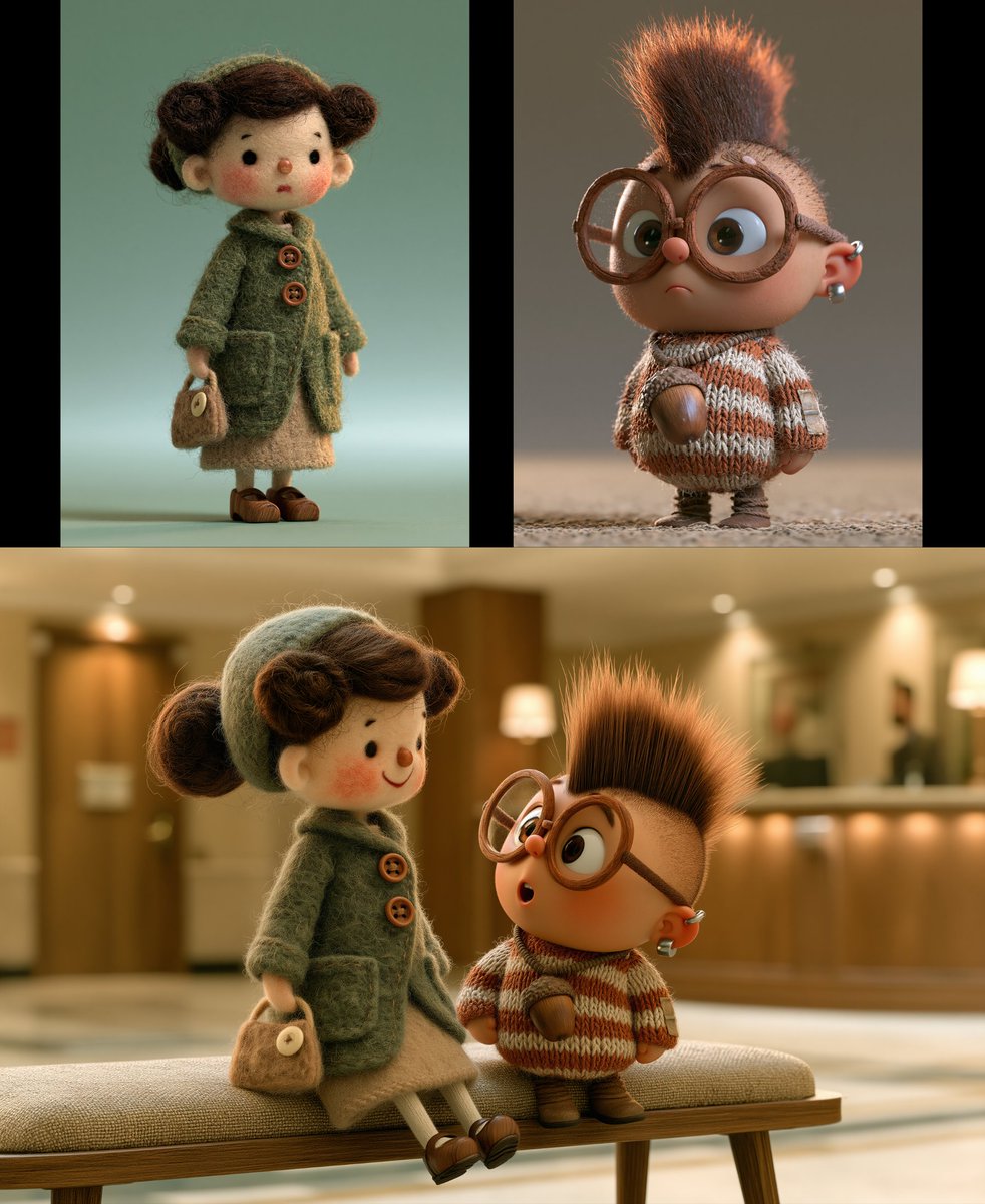 create a hotel lobby scene where the woman and boy are sitting together on a be…