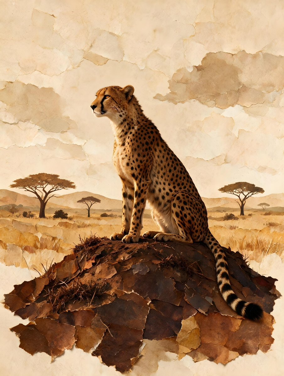A cheetah sits regally on a mound of earth, its spotted coat a striking contras…