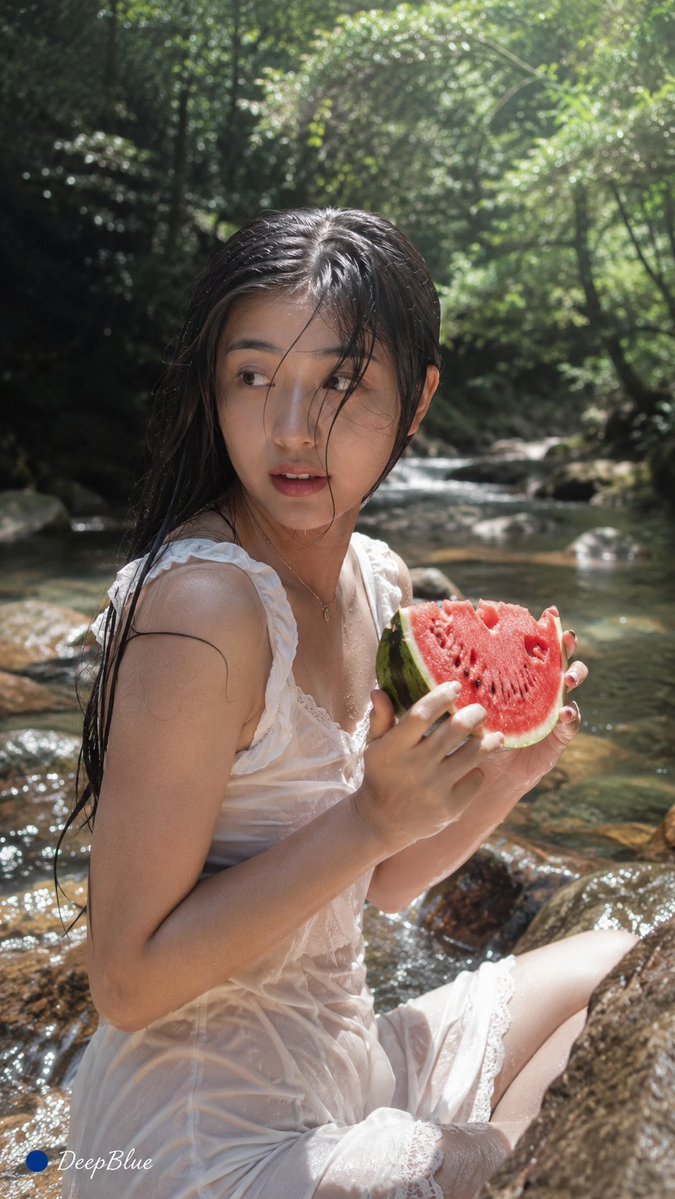 iPhone 17 Pro｜9:16竖幅｜真实手机随拍，成年东方女性，随机动作和表情，白色轻薄夏装，湿发，自然手持一块西瓜，盛夏溪边，树荫、阳…, 图片 2
