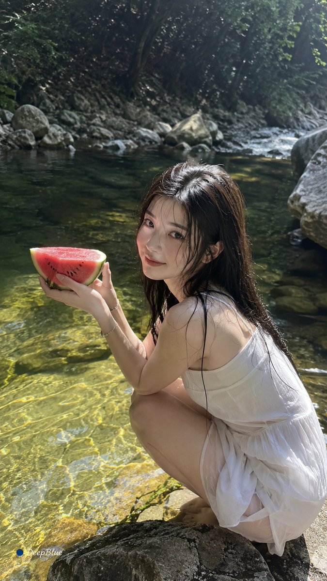 iPhone 17 Pro｜9:16竖幅｜真实手机随拍，成年东方女性，随机动作和表情，白色轻薄夏装，湿发，自然手持一块西瓜，盛夏溪边，树荫、阳…, 图片 3