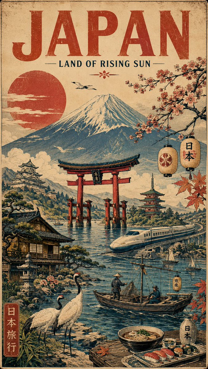 创作一张复古手工绘制的旅行海报，致敬 [COUNTRY / DESTINATION]，以诗意视觉拼贴的方式呈现，而非聚焦于单一地标。展现该目的…, 图片 1