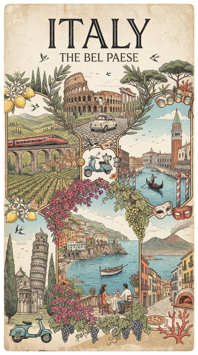 创作一张复古手工绘制的旅行海报，致敬 [COUNTRY / DESTINATION]，以诗意视觉拼贴的方式呈现，而非聚焦于单一地标。展现该目的…, 图片 4
